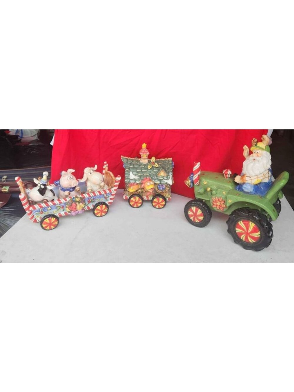 Santa Claus Tractor Train Candy Dish Chicken Coop Farm Christmas Decor Vintage